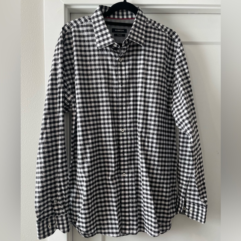 Men’s Bugatchi Button Down, Size XL, Navy Blue Checkered, Perfect Condition